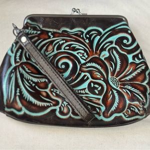 Patricia Nash Tooled Leather Brown Turquoise Savena Coin Wristlet NEW Purse.